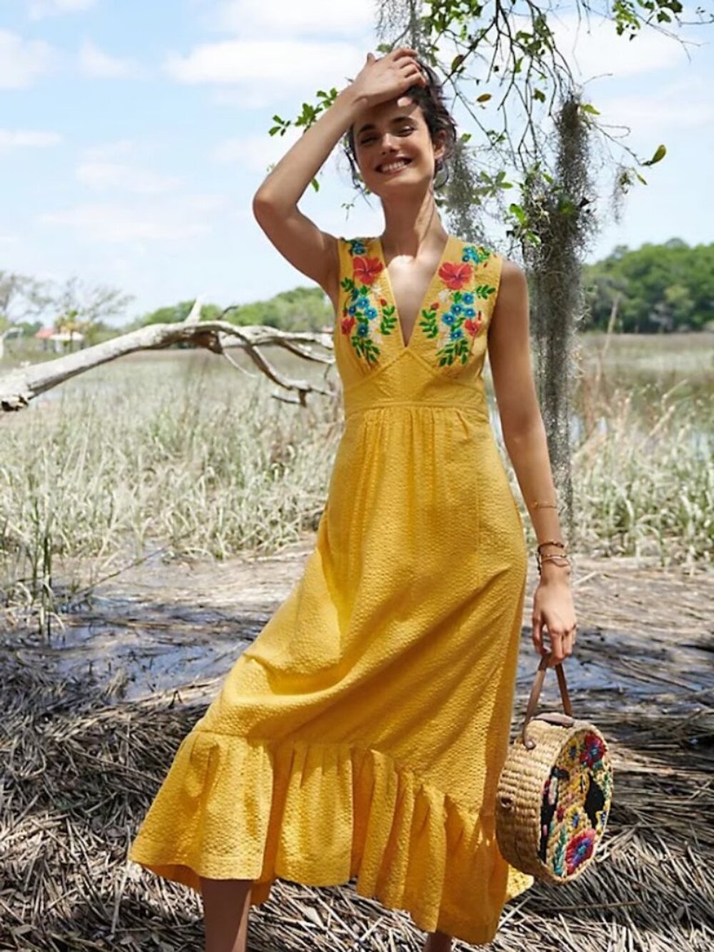 Anthropologie x Tracy Reese Catalina Embroidered Flowers Yellow Midi Dress 14